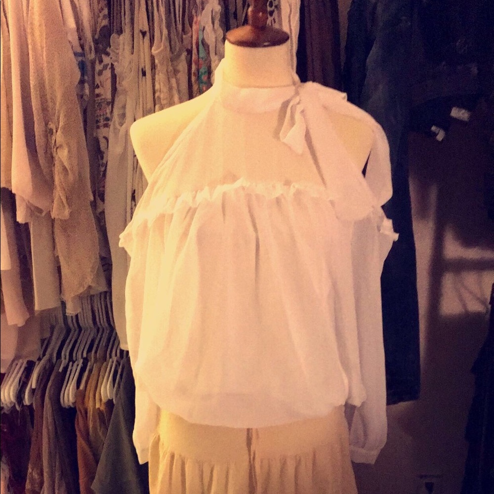 Sheer open shoulder white top
